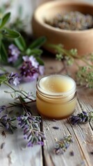 Obraz na płótnie Canvas A balm body cream with a mild fragrance and healing properties. Balm cream with a comforting and therapeutic aroma that soothes the body and mind.