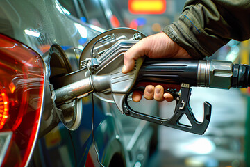 Fueling the Journey: Man Refueling His Car at a Gas Station, Close-Up on the Process of Energy Exchange - obrazy, fototapety, plakaty
