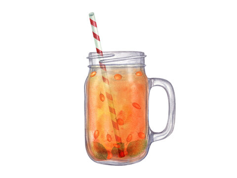 Mason jar with orange drink. Refreshing or warming beverage. Sea buckthorn, mint leaf. Straw, glass jar. Sandthorn, sallowthorn, peppermint. Watercolor illustration for menu, design