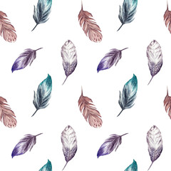 Cute multicolored bird feathers watercolor illustration set isolated pink purple turquoise fluffy wing