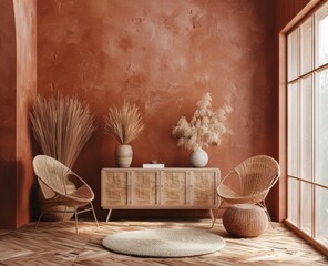 A warm earthy brown wall in an interior design setting with a sideboard and two chairs