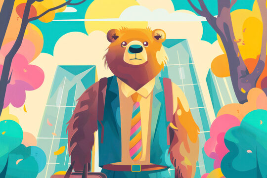 Bear with a tie and briefcase, colourful cartoon illustration.