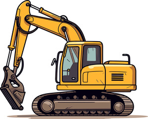 Industrial Excavator Equipment Vector Illustration with Hydraulic Arm Movement