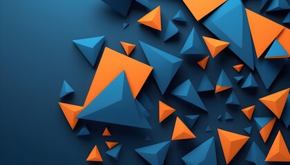 Wall background banner art, abstract blue-orange geometric futuristic technology texture with triangle-shaped 3D forms, backdrop for web design, wallpaper