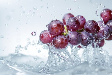 Bunch of grapes with water splashes on a white background.