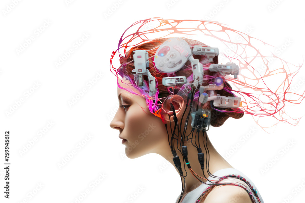 Poster global concept network: 3d rendered illustrations of robots, people, and heads of technology symbols