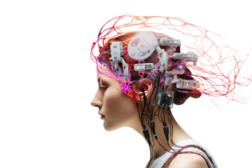 Global concept network: 3D rendered illustrations of robots, people, and heads of technology symbols and business ideas. Isolated on a transparent background.