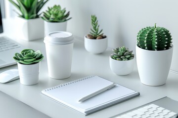 Modern desk scene bathed in white, accented by succulents in clean pots and a notebook paired with a disposable cup, exuding minimalism. embellished by thriving green succulents and a plain notebook
