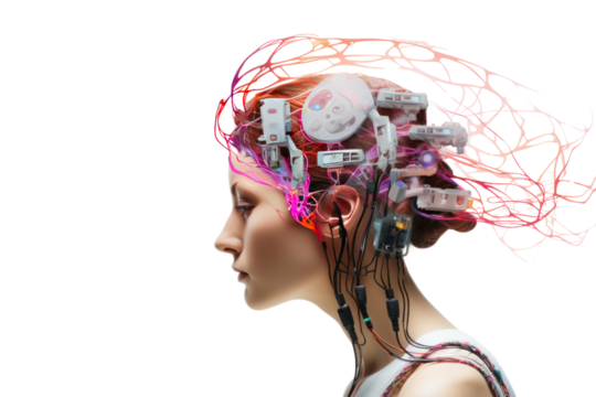 Global concept network: 3D rendered illustrations of robots, people, and heads of technology symbols and business ideas. Isolated on a transparent background.