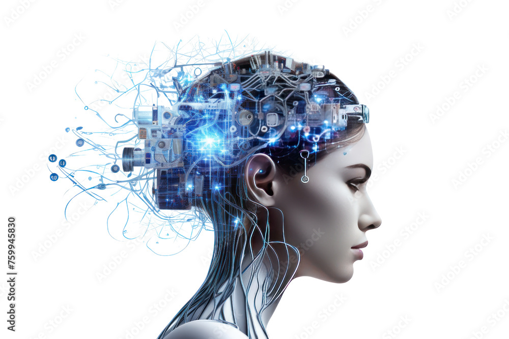 Aufkleber Global concept network: 3D rendered illustrations of robots, people, and heads of technology symbols and business ideas. Isolated on a transparent background.