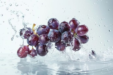Bunch of grapes with water splashes on a white background.