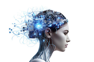 Global concept network: 3D rendered illustrations of robots, people, and heads of technology symbols and business ideas. Isolated on a transparent background.