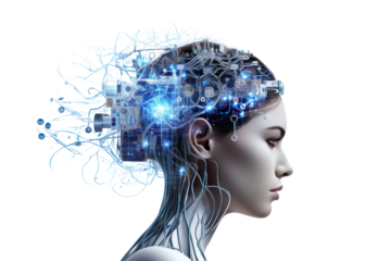 Global concept network: 3D rendered illustrations of robots, people, and heads of technology symbols and business ideas. Isolated on a transparent background.