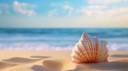 A unique shell, with its delicate curves and soft tones, rests serenely on the sand. Shell isolated on the sand in a lonely and timeless beauty of the sea. - obrazy, fototapety, plakaty