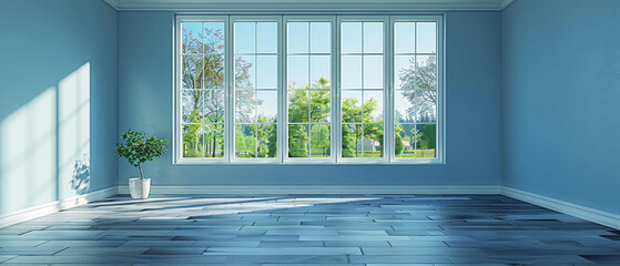 Empty blue living room with big windows - obrazy, fototapety, plakaty