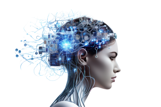 Global concept network: 3D rendered illustrations of robots, people, and heads of technology symbols and business ideas. Isolated on a transparent background.