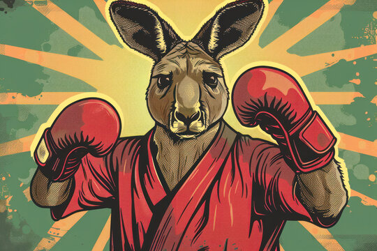 Kangaroo in a boxing robe and gloves, colourful cartoon illustration.
