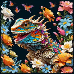 Obraz premium Close-Up Bearded Dragon with Floral Sticker on Dark Background Gen AI