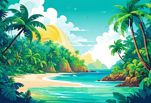 vector illustration, image of a tropical island, modern style, beautiful background for a smartphone, island vacation concept,