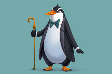 Obraz premium Penguin in a tuxedo and bow tie, holding a cane, colourful cartoon illustration.