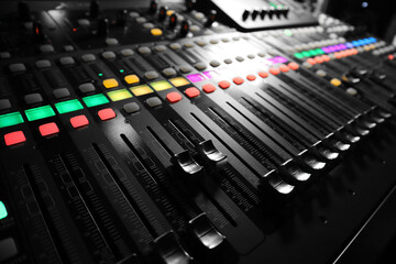 Mixer control. Music engineer. Backstage controls on an audio mixer, Sound mixer. Professional...