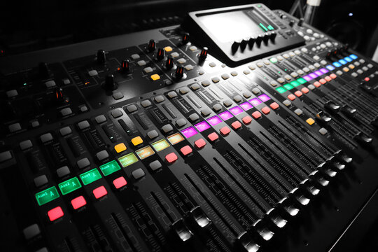 Mixer control. Music engineer. Backstage controls on an audio mixer, Sound mixer. Professional audio mixing console with lights, buttons, faders and sliders. sound check for concert.