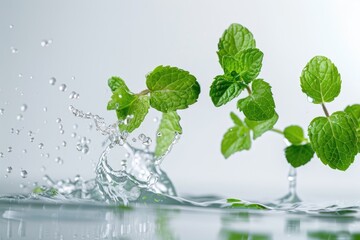 Fresh mint leaves with water splash isolated on white background