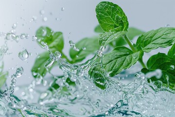 Fresh mint leaves with water splash isolated on white background