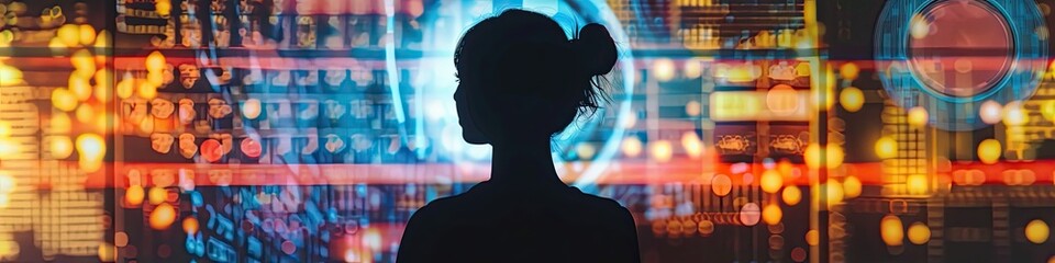 silhouette of a person in front of a holographic interface