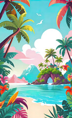 Fototapeta na wymiar vector illustration, image of a tropical island, modern style, beautiful background for a smartphone, island vacation concept,