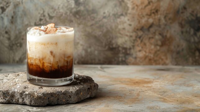 White Russian cocktail on podium on concrete background. Glass of alcoholic drink