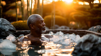 Fototapeta na wymiar A senior African American man enjoys a tranquil ice bath at sunset, surrounded by nature