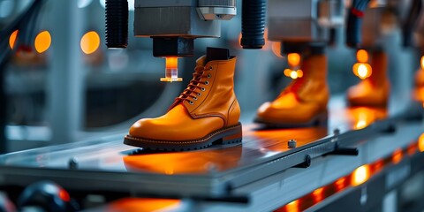 Revolutionizing Footwear Manufacturing: A Shoe Factory Harnessing Advanced Technology. Concept Technology, Footwear Manufacturing, Shoe Factory, Revolutionizing Industry, Advanced Production - obrazy, fototapety, plakaty