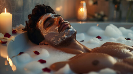 Relaxed man with a facial mask lies in a bubble bath surrounded by rose petals and candles, indulging in a luxurious self-care routine