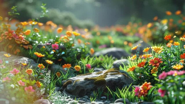 Sunlit Garden Abloom with Flowers and Fluttering Butterflies. Nature Background Video. Generative AI