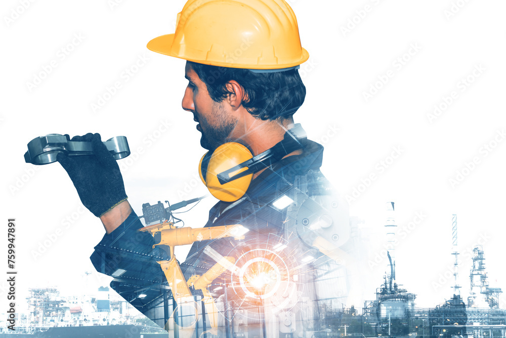 Poster xai mechanized industry robot arm and factory worker double exposure. concept of robotics technology