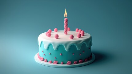 A Delicious Celebration. Vibrant Birthday Cake with a Lit Candle, Adorned in Blue Icing and Pink Decorations
