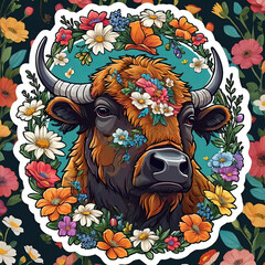 Close-up Bison Portrait with Floral Sticker on Dark Background Gen AI