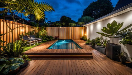 the cozy atmosphere of a homely patio in the back garden with wooden decking, tropical plants and a mini-pool, a cozy place for rest and relaxation,