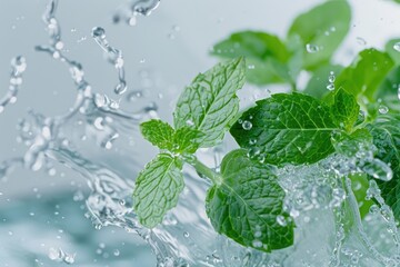Fresh mint leaves with water splash on nature background. Mint leaves with water drops