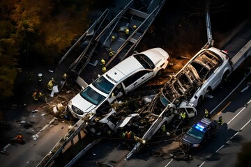 An aerial view showing the entangled wreckage of a sedan beneath a guardrail, with emergency vehicles' lights casting stark contrasts on the scene below.
