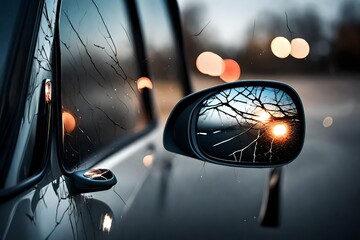 A detailed image of a cracked side mirror hanging loosely from a car door, with the reflection of flashing emergency lights.