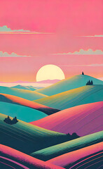 sunrise with minimalistic 3D abstract landscape with hills and soothing pastel colors, beautiful background for smartphone