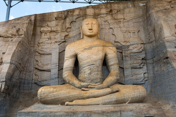 A captivating view of the Gal Vihara (Viharaya) or Rock Temple, a significant archaeological site in the Ancient City of Polonnaruwa, Sri Lanka.