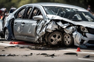 A close-up focusing on the point of impact where the sedan is crumpled against the guardrail, showcasing the forces at play during the crash. - obrazy, fototapety, plakaty