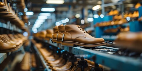 Advancing Footwear Production: A Closer Look at a Modern Shoe Factory. Concept Modern Technologies, Shoe Manufacturing Process, Sustainability Efforts, Innovative Designs, Quality Control Measures - obrazy, fototapety, plakaty