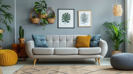 Botanical themed living room with grey sofa and indoor plants. Home decor with a mix of textures and geometric patterns for design inspiration. Comfortable and stylish living space with copy space
