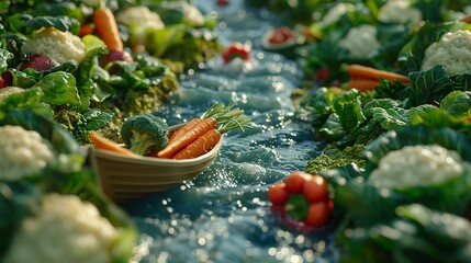diet ad cover of a topminiature landscape with river in middle with boat, surrounded vegetables  - obrazy, fototapety, plakaty