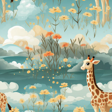 Seamless pattern with giraffe on a natural background.
