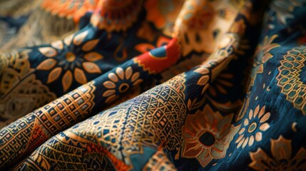 Asian fabric pattern. Traditional oriental beautifully folded textile with ornaments - obrazy, fototapety, plakaty